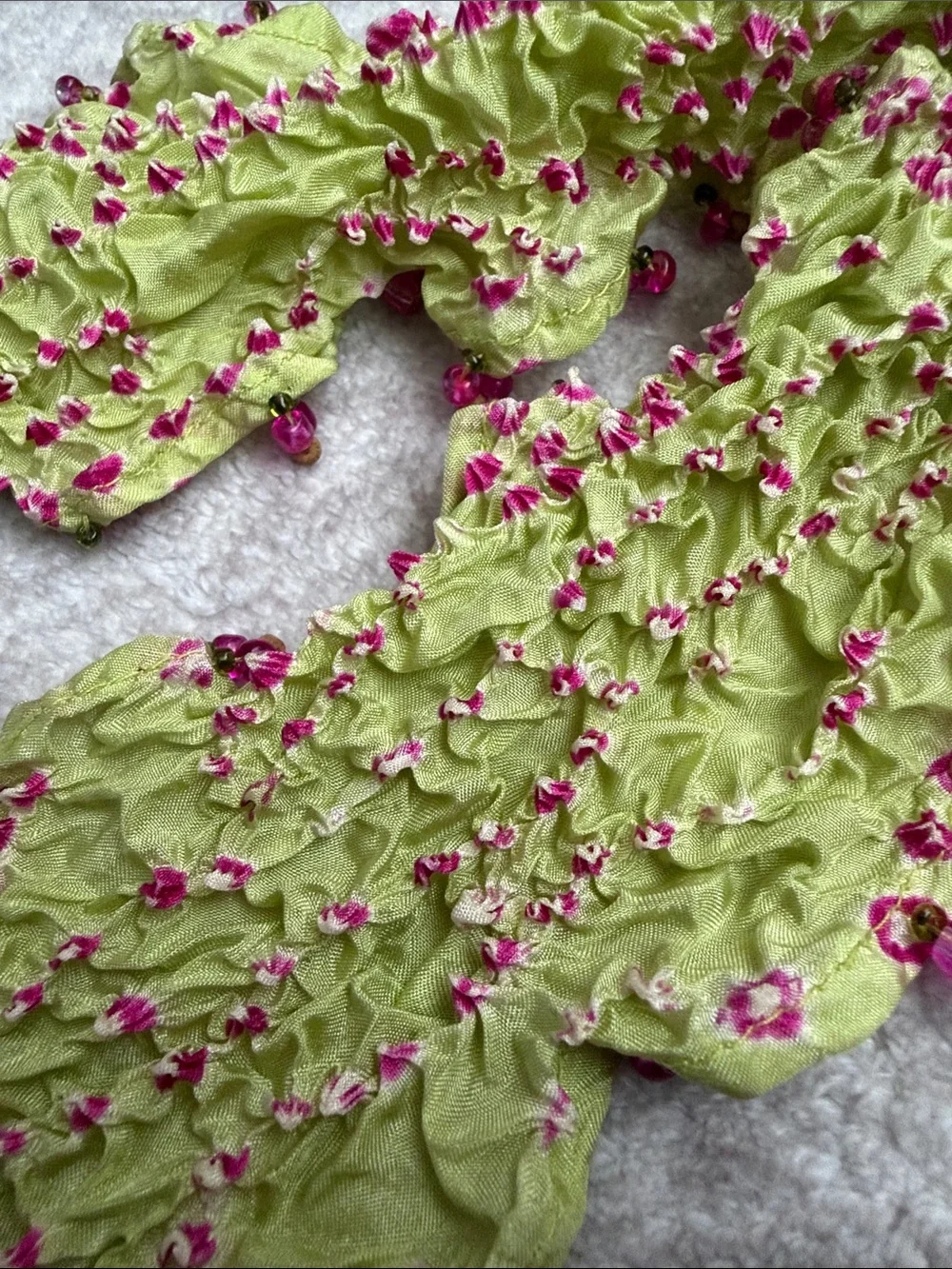 Light Green & Pink Beaded Ruffled Silk Scarf - Tie Dye Scarf #629